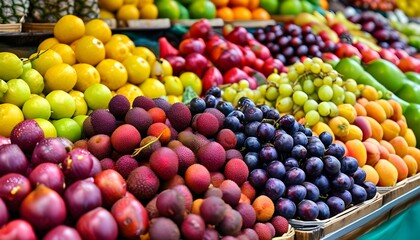 Wall Mural - Vibrant display of exotic fruits showcasing a kaleidoscope of colors and textures at a bustling market stall