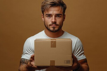 Close-up portrait of a handsome young man holding a cardboard box and looking at the camera on a gray background. Delivery concept