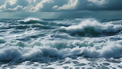 Wall Mural - Dynamic close-up of a turbulent sea with large, choppy waves crashing fiercely against one another