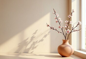 Poster - Blossom branch in clay vase near beige stucco wall background. Interior design of modern living room with copy space for text