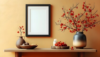 Wall Mural - Warm-hued blank picture frame inviting creativity and personal expression