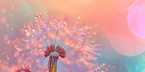 abstract natural plant background to illustrate freshness lightness, A close-up macro of a dandelion with water droplets on a pink blue light rainbow background. space for text