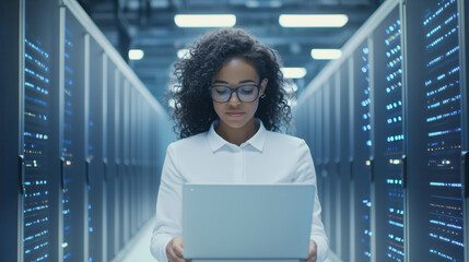 A focused female Chief Technology Officer in a big data center, utilizing her laptop to engage servers, signaling the beginning of information digitalization in a modern warehouse.