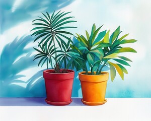 Two vibrant potted plants with colorful pots against a soft blue background.