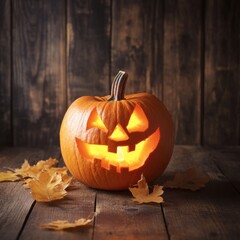 A carved pumpkin with a cheerful face glowing amidst fallen leaves on wooden table ready for Halloween celebration