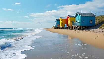 Wall Mural - Vibrant beach huts lining a sandy shore beneath a brilliant blue sky and crashing waves