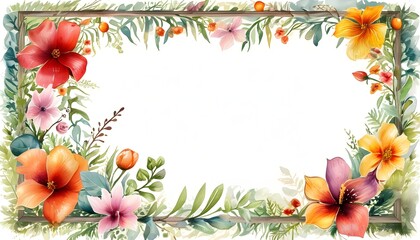 Wall Mural - Charming Watercolor Floral Frame with Vibrant Blooms and Delicate Leaves