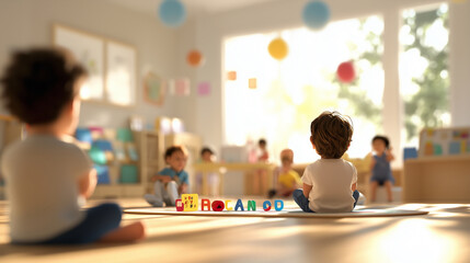 A vibrant scene of a joyful daycare teacher utilizing interactive games and acting techniques to help a diverse group of children learn the alphabet in a kindergarten classroom. ph