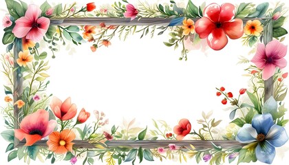 Wall Mural - Charming Watercolor Floral Frame with Vibrant Blooms and Delicate Leaves