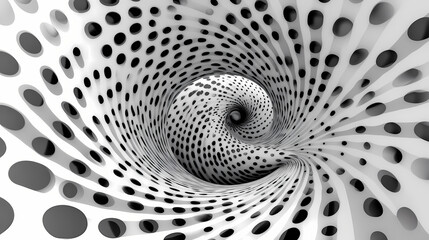 Wall Mural - Black and white dotted spiral tunnel. striped twisted spotted optical illusion. abstract halftone background. 3d render. Optical Illusion. Illustration