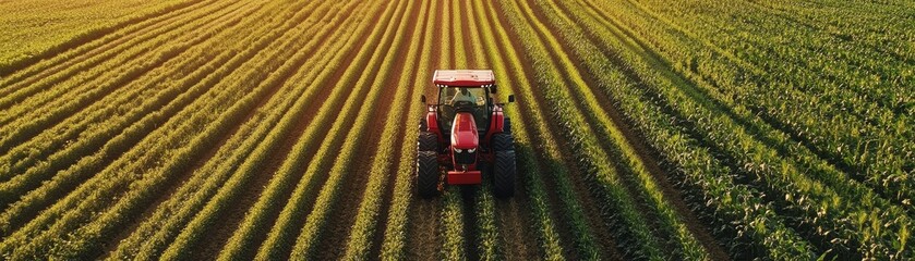 Aerial View of Red Tractor in Field of Crops