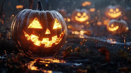 Sticker - Glowing Jackolanterns in a spooky, misty night scene