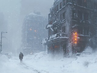 Canvas Print - Lonely Figure Walking Through a Snowstorm in a Desolate City