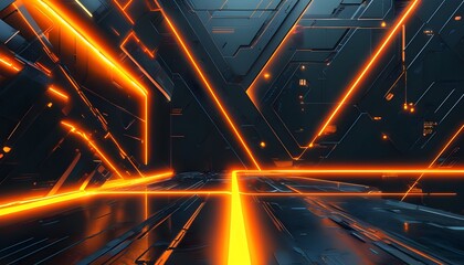 Wall Mural - Futuristic abstract technology backdrop featuring vibrant glowing orange lines interwoven with sleek black metal panels