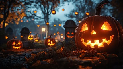 Sticker - Halloween background concept, pumpkins on the background of a cemetery, atmospheric picture, postcard