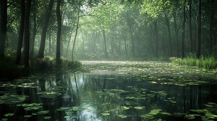 Wall Mural - Tranquil Forest Lake with Lily Pads and Mist