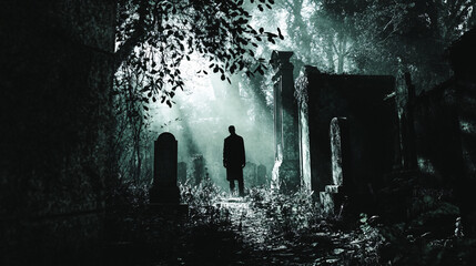 Wall Mural - creepy figure standing in the shadows of an overgrown graveyard