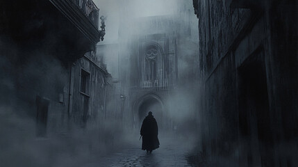 Wall Mural - dark figure walking through a foggy street in an old town