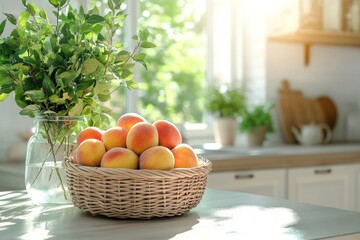 Wall Mural - A basket of ripe apricots on a kitchen countertop with a vase of greenery in the background.