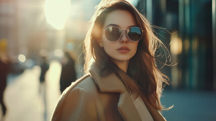 portrait of attractive woman with long hair walking in street in autumn style fashion outfit wearing sunglasses and coat, sunny light, trend accessories