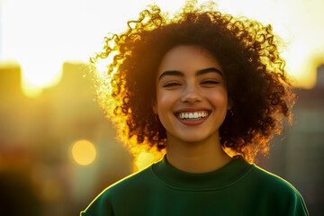 A beautiful young woman with curly hair, wearing a green sweatshirt, laughing and smiling.