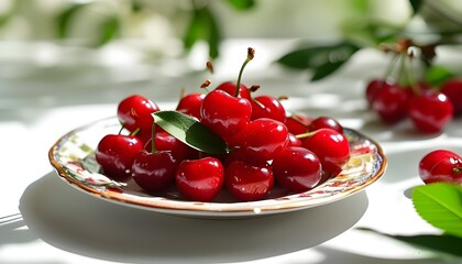 Wall Mural - Fresh and vibrant red cherries on a white plate, showcasing deliciousness and health in every sweet bite