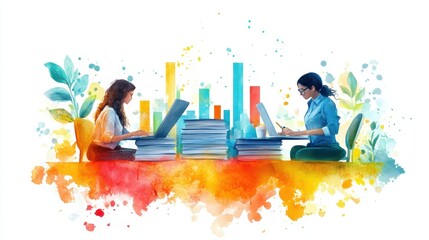 Wall Mural - Cartoon team members organizing a stack of colorful reports and financial charts, watercolor hues adding life and creativity to the business setting