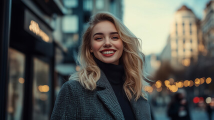 portrait of attractive blond smiling happy woman walking in street in autumn style fashion outfit wearing coat