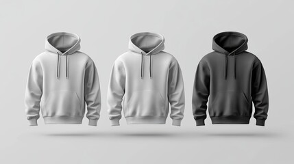 Wall Mural - Set of white gray and black hoodie base cloths A collection of blank mockups for branding and fashion design 3D vector illustrations of casual hoodies for men and women