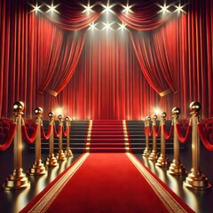 A lavish red carpet leads up to an elegant stage, framed by dramatic red velvet curtains and illuminated by bright spotlights