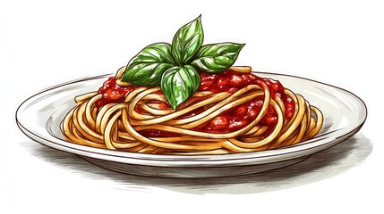 Wall Mural - A plate of spaghetti with tomato sauce and basil on top.