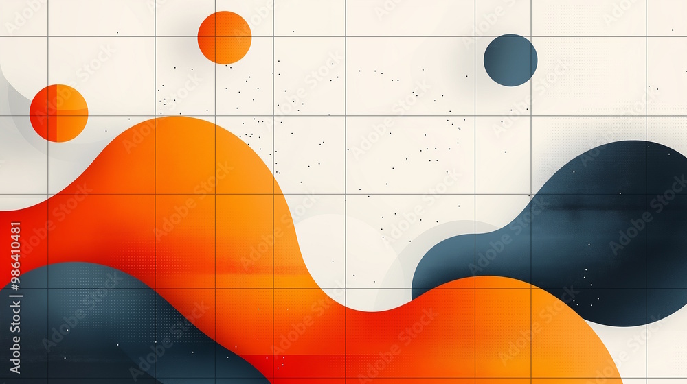 Abstract design with orange and dark blue geometric shapes on a tiled ...