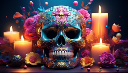 Day of the Dead skull and candles, colorful sugar skulls with floral patterns,