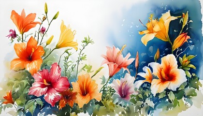 Wall Mural - Vibrant Floral Watercolor Composition with Lush Blooms and Delicate Petals