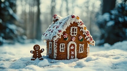 A whimsical gingerbread house with candy decorations in a snowy landscape.