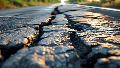 Wall Mural - Severely damaged asphalt road showcasing hazardous potholes posing risks for vehicles