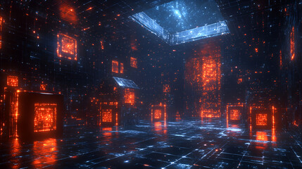 Wall Mural - exploring a futuristic digital environment with glowing cubes and vibrant blue lighting at twilight
