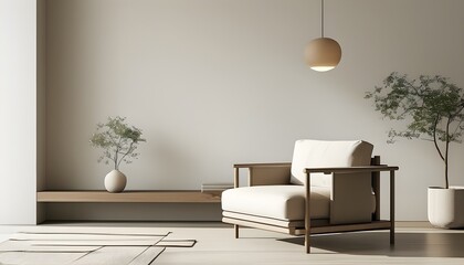 Wall Mural - Minimalist living room design featuring a stylish armchair and furniture logo elements, showcasing simplicity and elegance in home decor