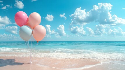 beachside summer party with balloons and a scenic ocean backdrop, offering a beautiful background for outdoor fun and a tropical celebration by the sea