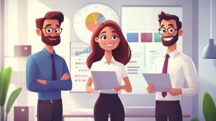 Wall Mural - Business managers analyzing reports in a creative cartoon style office