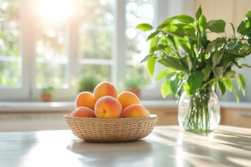 Wall Mural - A wicker basket filled with ripe peaches sits on a kitchen table, bathed in warm sunlight streaming through a window. A vase with green leaves stands nearby.