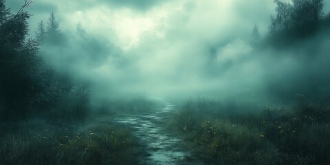 Eerie landscape foggy horror feel, dark, art, cinematography 