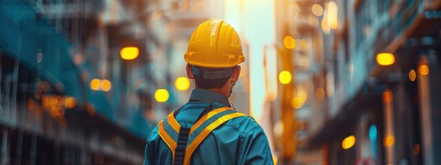 Wall Mural - A man in a yellow hard hat stands in front of a building