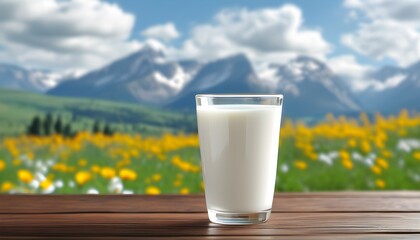 Wall Mural - White mug filled with natural cows milk on a table with a soft-focus background