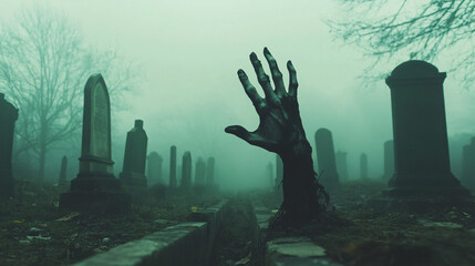 Wall Mural - creepy hands reaching out from the ground in a foggy graveyard