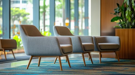 Modern Lobby Waiting Area with Comfortable Chairs and Blue Carpet