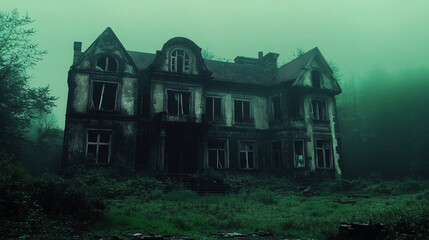 Wall Mural - abandoned mansion with broken windows and eerie green mist