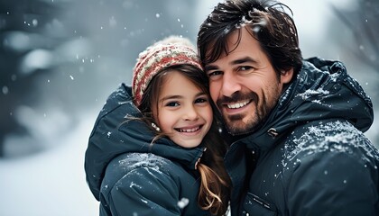 Joyful winter night with father and daughter in jackets celebrating Christmas under a snowy sky