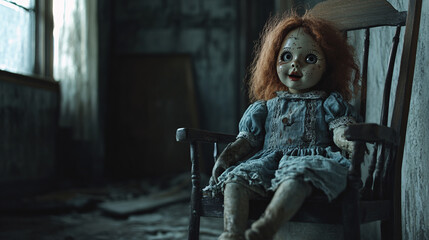 Wall Mural - creepy doll sitting in a chair in a dark, dusty room