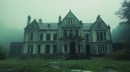 Wall Mural - abandoned mansion with broken windows and eerie green mist